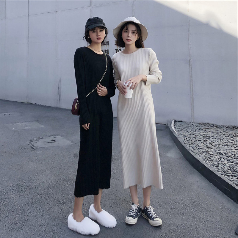 Long skirt with coat, bottom sweater skirt, knee loose Korean version of long knitted dress autumn and winter women's temperament