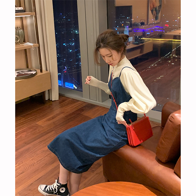 High-end early autumn fashion suit women's French tea break retro denim suspender skirt small fragrance two-piece dress