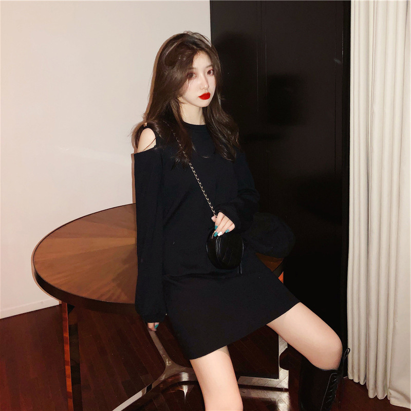 Inside of the matching coat Inner Lap Knit Bottom Sweater Dress Woman Autumn Winter Little Black Dress Heben Wind Small Subfalse Collar