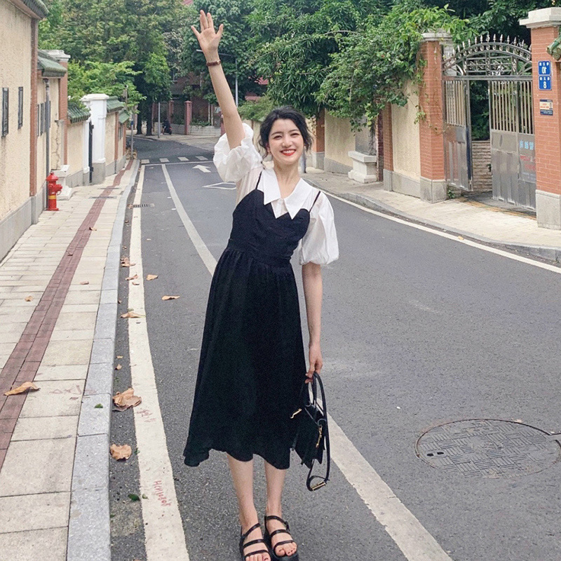 Baby Bag Skirt Suit Hostess Summer 2021 New Ocean Pie-less Fragrant Wind Doll Collar Dress Pendant with dress Two sets