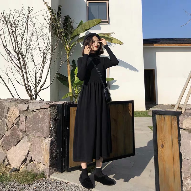 Long version of sweater dresses over kneecap with long dresses knitted inside knitted women's autumn and winter inner hitch thickened