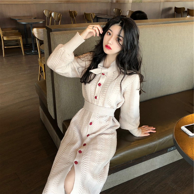Autumn and winter women's dress with overcoat skirt long sweater skirt knee-high knit dress padded fake collar