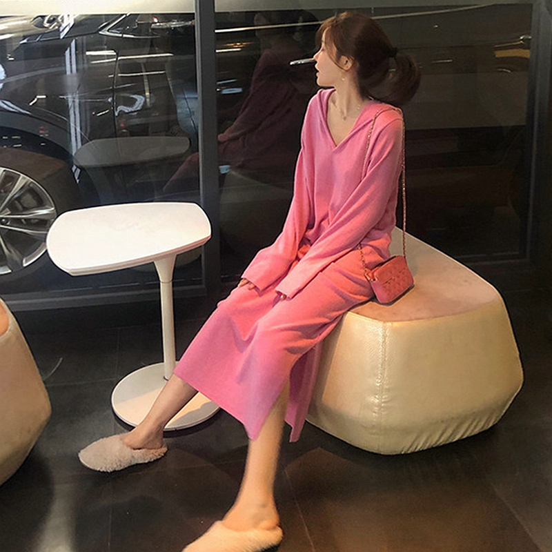 Knitted Ocean Dress Woman Autumn Winter Medium Long Version Over Knee Sweater Dress Korean Version Temperament Inner Lap Hat Sportswear Skirt Long Skirt