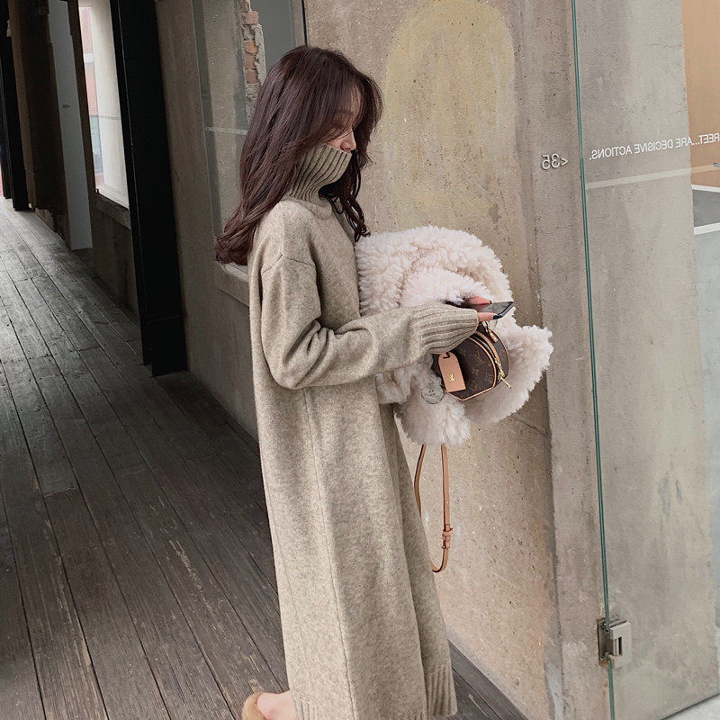 Long dress with coat in autumn and winter with long sweater dress over knee loose and knitted dress temperament