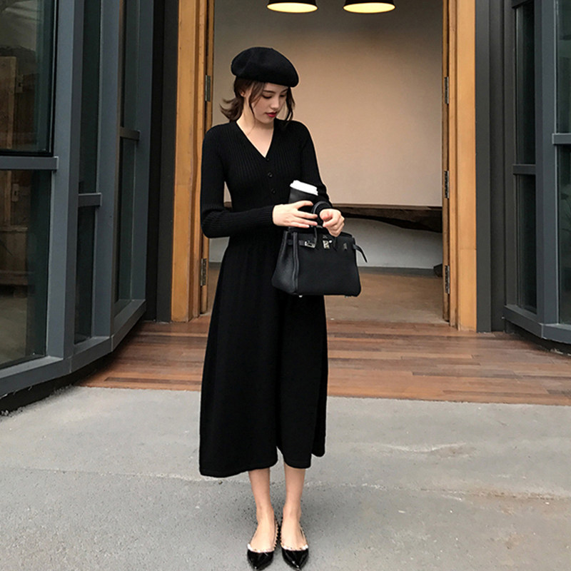 Long dress with great dress, long version over knee sweater skirt bottom small black dress for lap waist display slim temperament foreign dress
