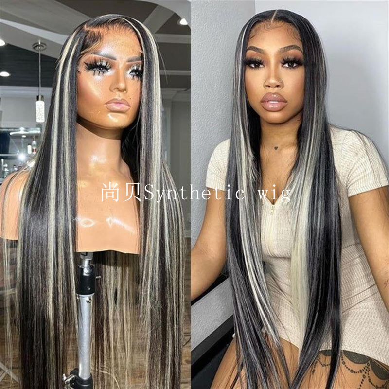 Black with Gold Highlights Long Straight Glueless Natural Hairline Silk Soft Heat Resistant Fiber Front Lace Wig Black with Gold Highlights Long Straight Glueless Natural Hairline Silk Soft Heat Resistant Fiber Front Lace Wig