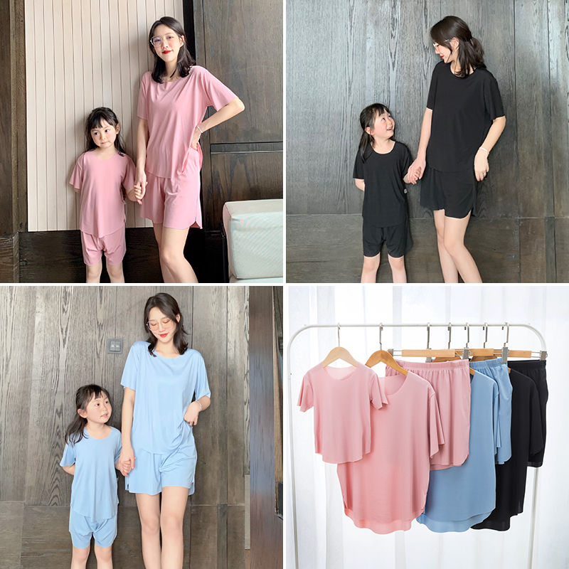 Female Baby Girl Child Ice Silk Short Sleeve Suit Summer Parenting Mother-daughter Clothing Slim Fit Pajamas Shorts Home Air Conditioning Suit
