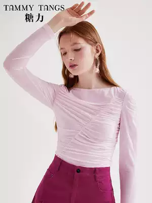 (Shopping mall same) sugar spring new product slim pleated long sleeve knitted T-shirt women base shirt shirt thin