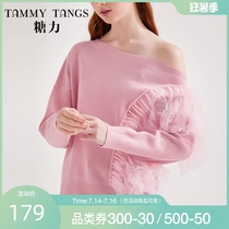 (Shopping mall with the same)sugar force spring new long-sleeved mesh stitching oblique shoulder one-word collar sweater top women