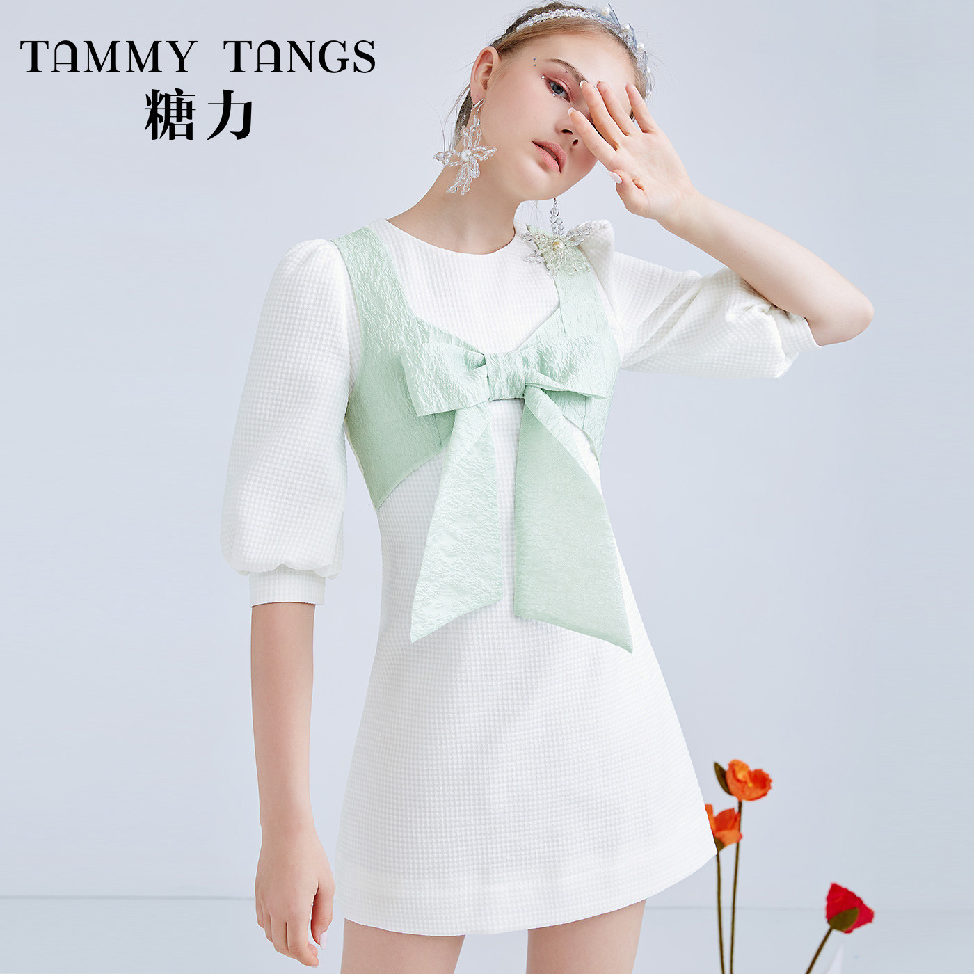 Sugar Force Middle Sleeve Lean Muscle Haircut Bow Color Butterfly Knot Fake two foreign dress Feminine Design Sensation sweet and small fresher skirt
