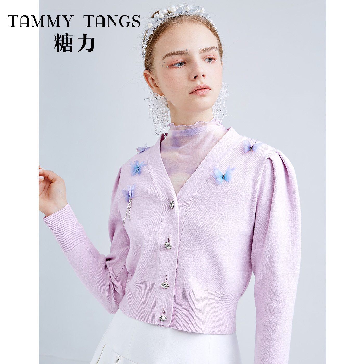 Sugar Force Spring Fall New Powder Purple Long Sleeve Solid Butterfly Decorative knitted sweatshirt with short soft glutinous rice