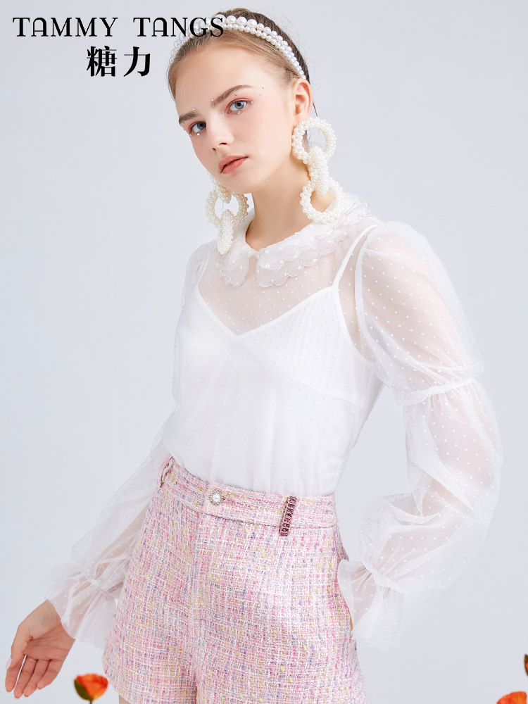 (Shopping mall with the same)sugar force 2021 spring new sweet wave dot mesh doll collar two-piece blouse top female