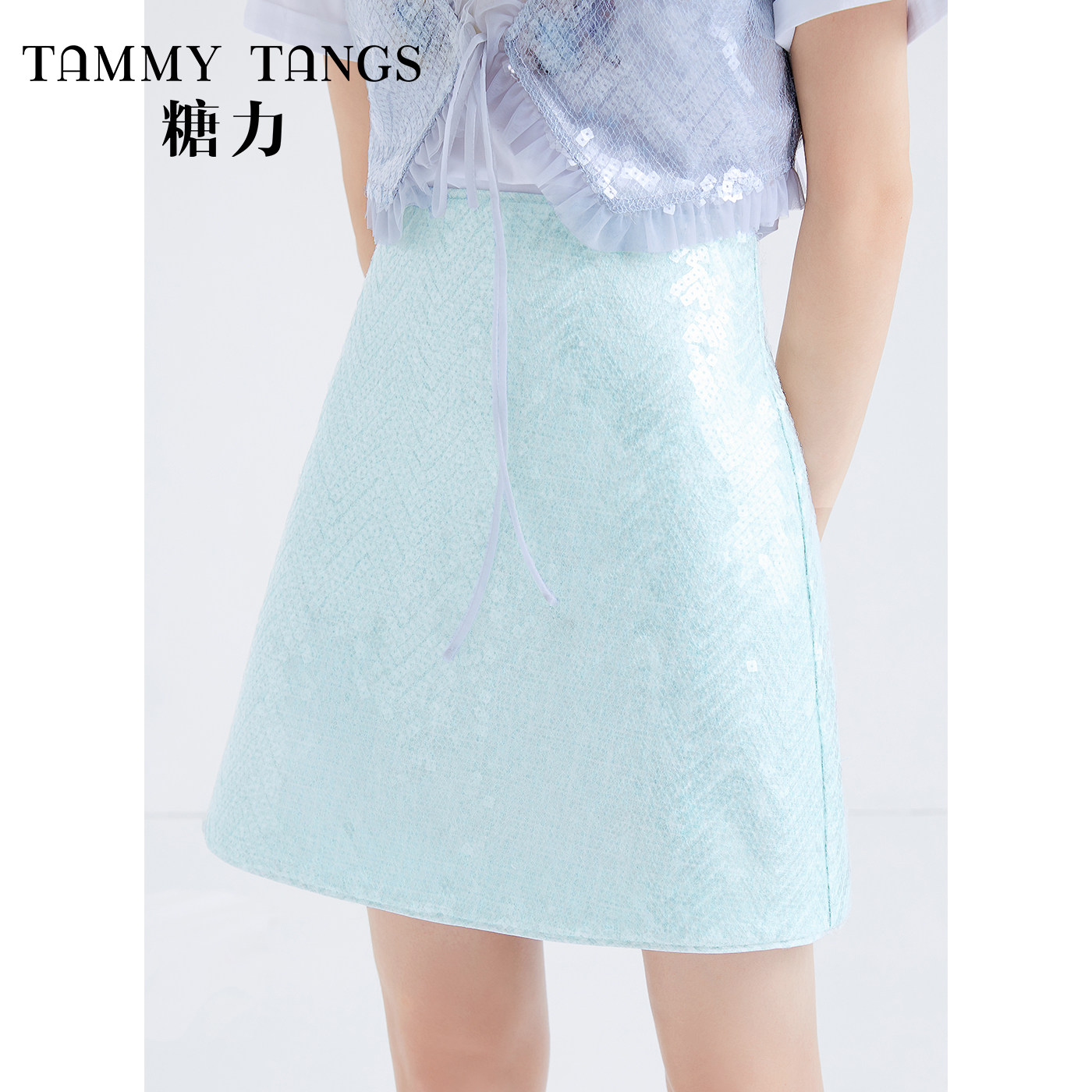 (Mall same section) Sugar spring new embroidered bead sheet splicing half body skirt woman high waist display slim A-character skirt short skirt