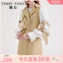 (the same style in the mall)Sugar force spring new stitching bow long-sleeved mid-length double-breasted windbreaker jacket female