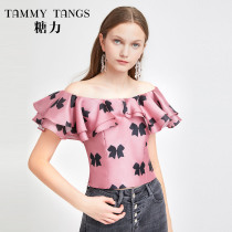 (Mall same model) Sugar Power summer new print ruffles shoulder shirt women slim short top