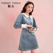 (Mall same model) sugar power autumn and winter New color baby collar bubble sleeve retro velvet dress women