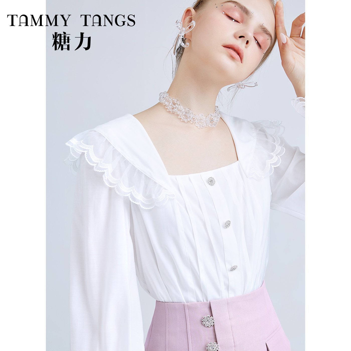 (Mall same paragraph) Sugar Force Spring Autumn Season New Long Sleeve Shirt Peter Panfang Collar Lotus Leaf Side Blouse Blouse Women
