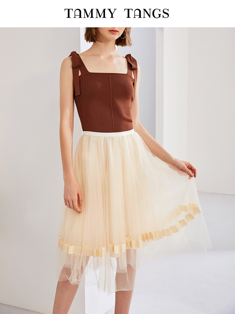 Tangli summer new apricot ribbon splicing mesh skirt fairy mid-length high waist A-line tutu skirt