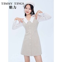 (Shopping mall same model) sugar power autumn and winter New long sleeve lapel stitching fake two plaid wool dress women