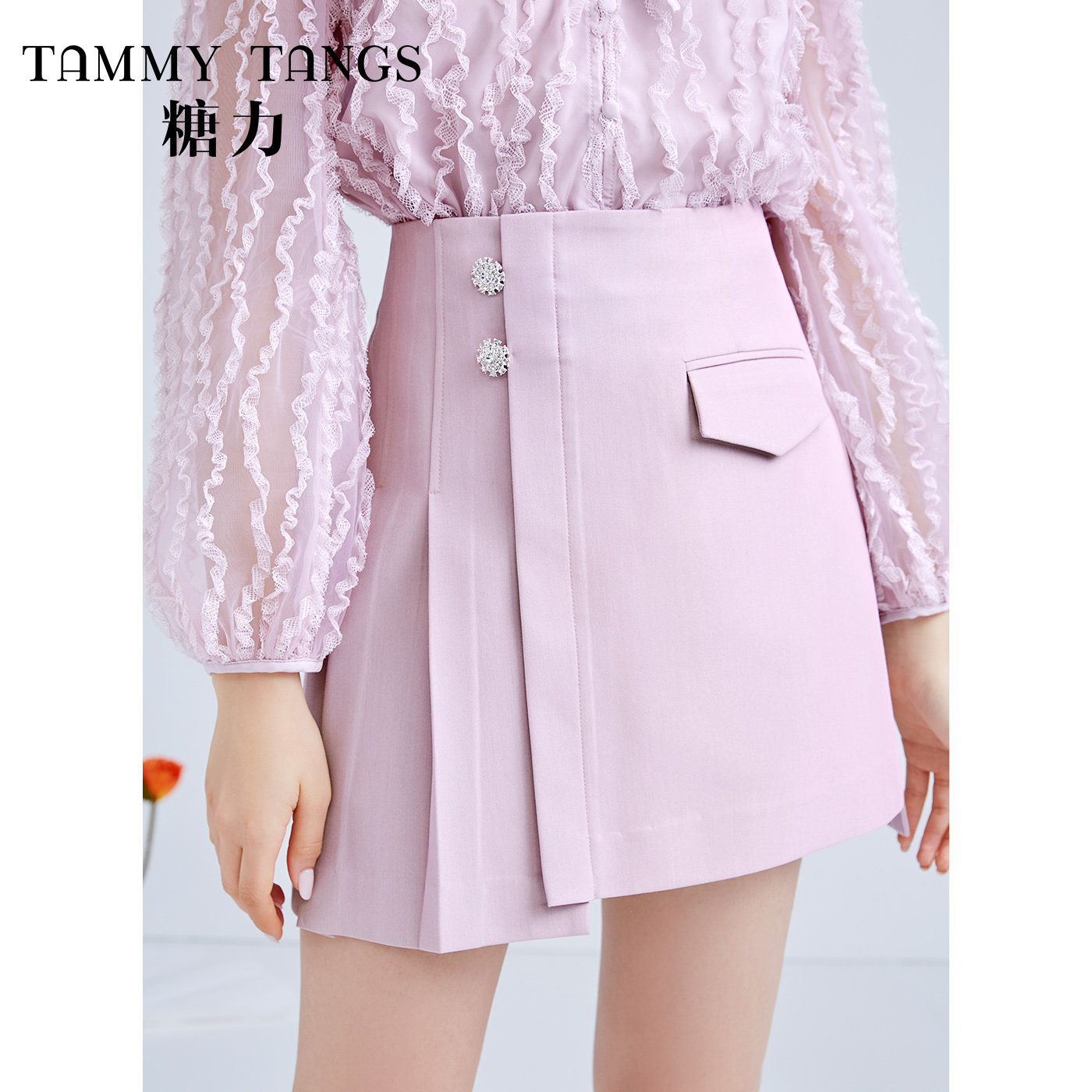 (Mall same section) Sugar spring autumn season Pink with purple high waist conspicuose half body dress Women irregular A-word dress short dress