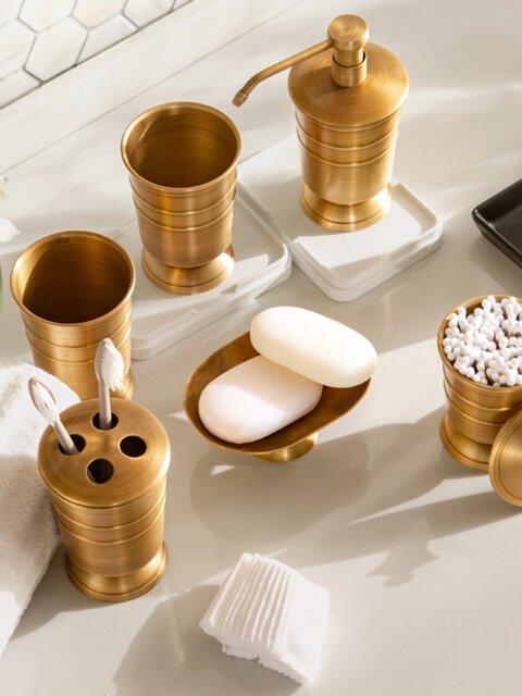 American all-copper bathroom toiletries set, drain toothbrush cup holder, mouthwash cup, press hand sanitizer bottle storage