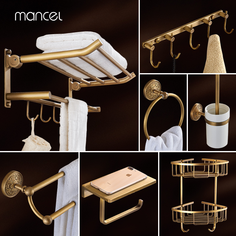 Antique towel rack all copper free punching bathroom hardware pendant set bath towel rack light luxury bathroom shelf shelf