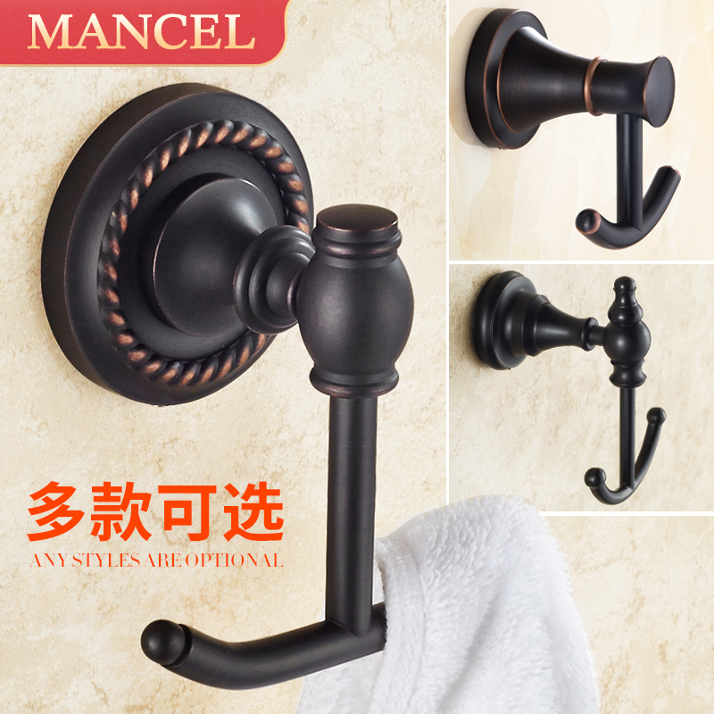 Black hanging hook Single bathroom towel hook All copper American non-perforated powder room coat hook Clothes single hook
