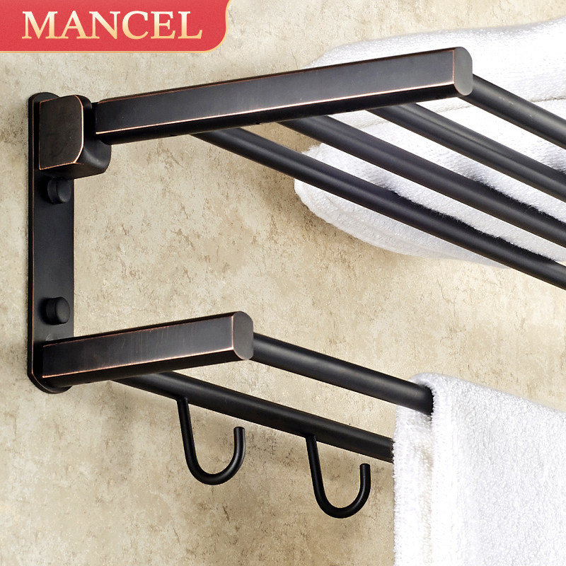 Folding towel rack Non-perforated bathroom hardware Black bath towel rack Powder room storage rack All-copper bathroom pendant