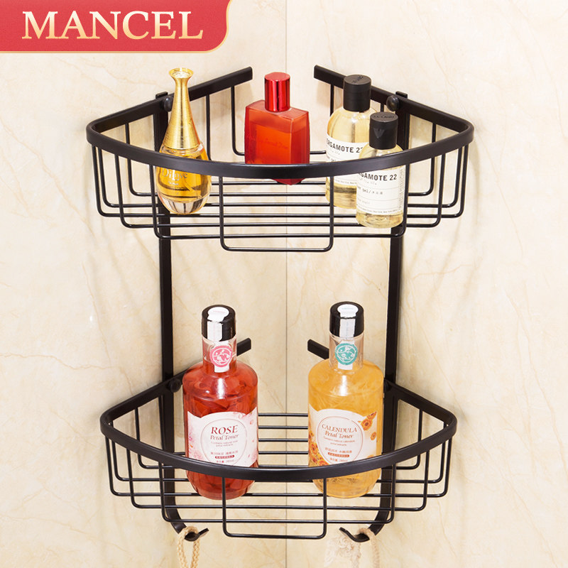 Black bathroom shelf Double-layer copper free hole powder room toilet wall-mounted shower room bathroom tripod