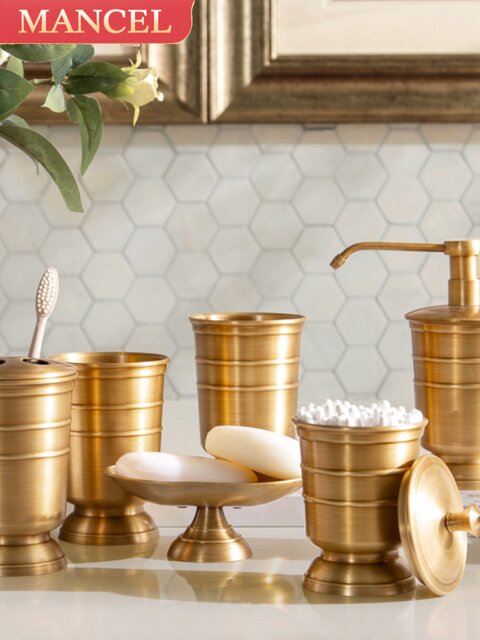 American all-copper bathroom toiletries set, drain toothbrush cup holder, mouthwash cup, press hand sanitizer bottle storage