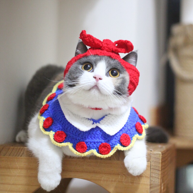 Hand Woven Kitty Cute White Snow Princess Scarf Neckline Scarves Scarf Apron Head Hat Hair hair with suit Pet-Taobao