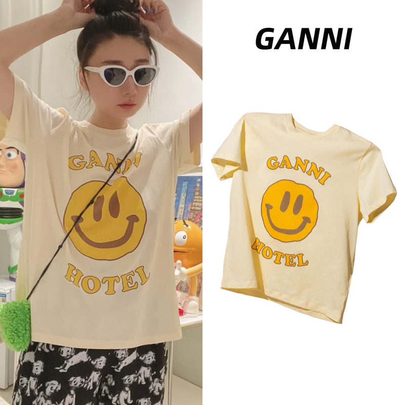 Ganni Big Smiley Face Print T-Shirt, All-Cotton, Casual, Simple, Loose, Versatile, Pure Cotton, Round Neck, Short-Sleeved, Women's
