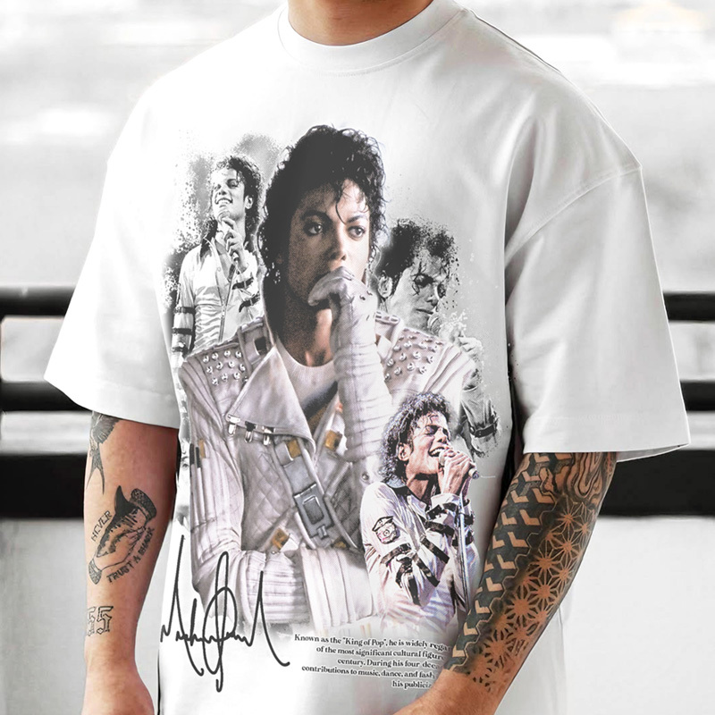 Legend Star Mj Michael Jackson American Retro Character Short-Sleeved T-Shirt Washed Pure Cotton Loose