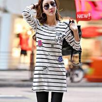 Long long-sleeved autumn coat womens top 2020 autumn shirt autumn and winter bottom stripe t-shirt womens new pure cotton