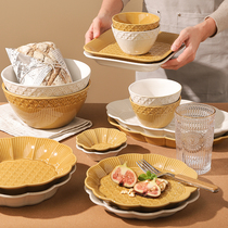 Embossed dish dish dish dish home high sense especially good looking rice bowl noodle bowl high color value ceramic bowl set