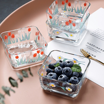 Household heat-resistant glass salad bowl thickened transparent fruit snack creative snack snack square dish daisies