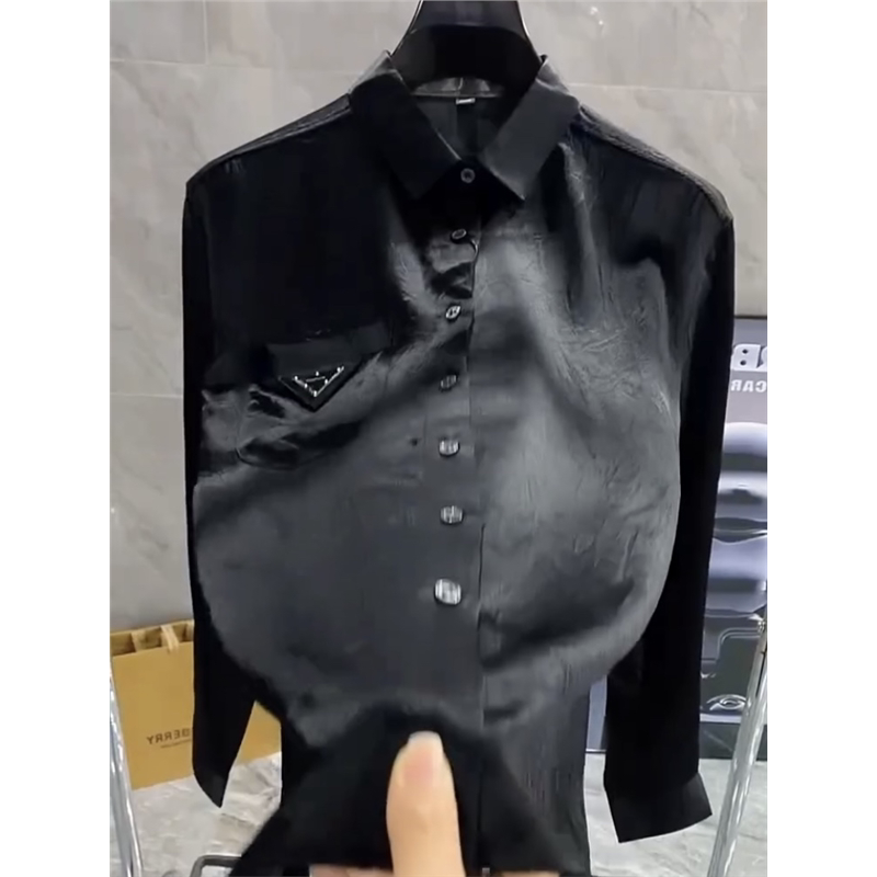Autumn New Men's Long-Sleeved Shirt 2024 Satin Acetate Silky Cool Pocket Triangle Logo Solid Color Shirt Trendy