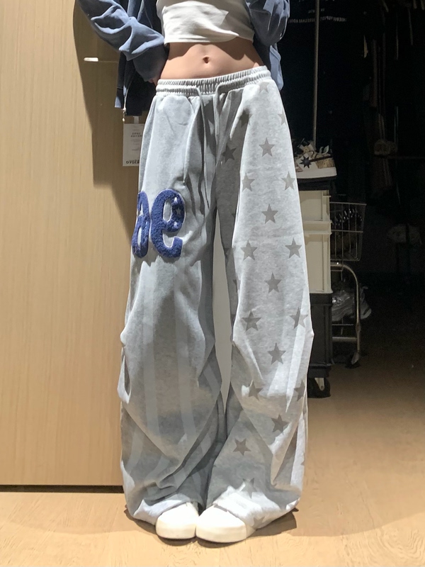 Yinlian Star Print Letter Embroidery Versatile High-Waisted Loose Casual Pants Wide-Leg Curved Sweatpants for Women