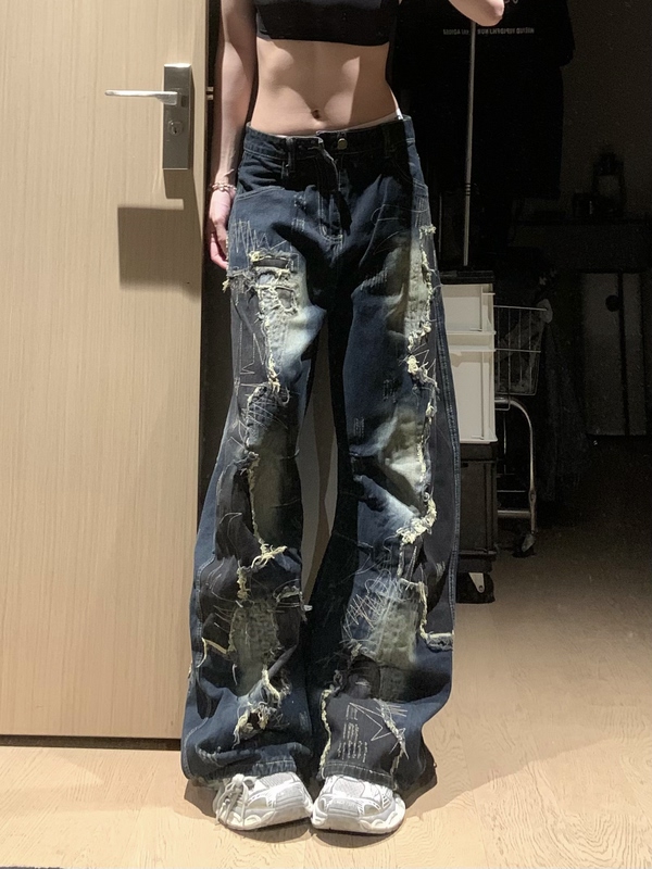 Yinlian American Retro Distressed Patchwork Ripped Wide-Leg Jeans for Men and Women