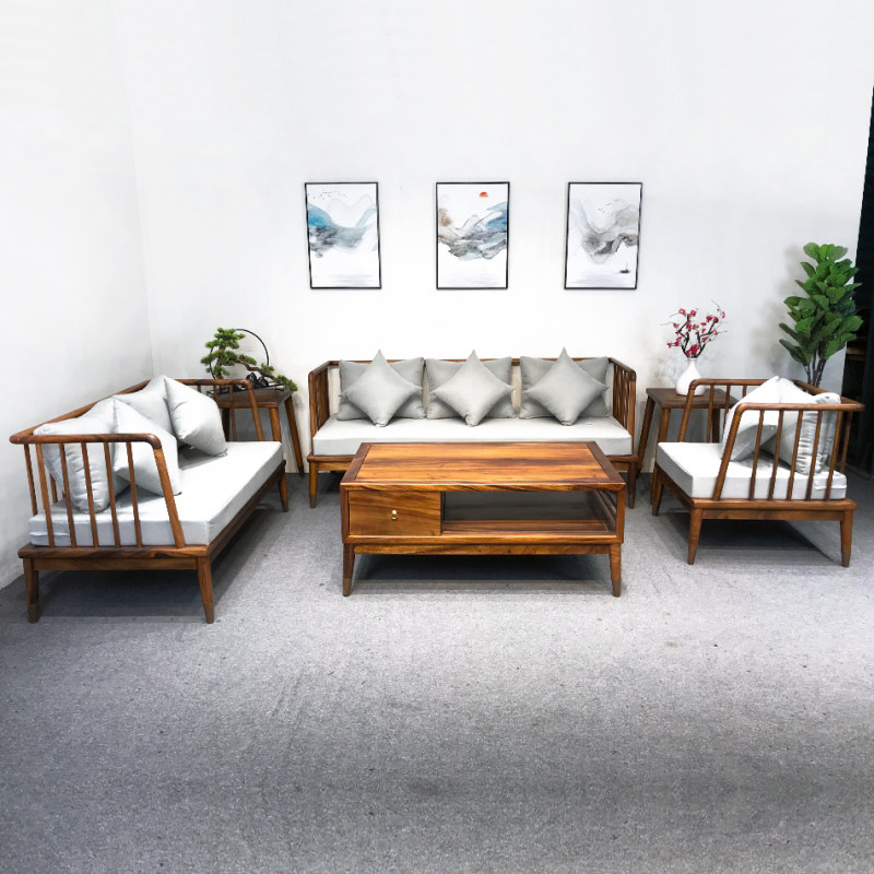 Solid wood sofa modern simple walnut sofa new Chinese living room full solid wood combination sofa fabric wood sofa