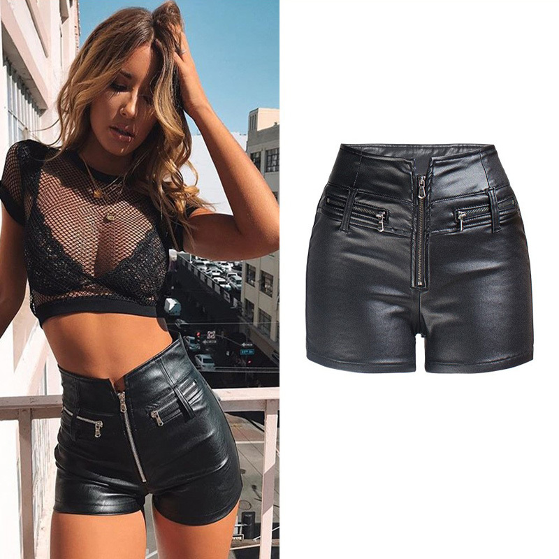 European and American Popular Leather Shorts, High-Waisted, Elastic, Slim-Fitting, Butt-Lifting Hot Pants, Zipper Biker Style Pu Pants for Women, Suitable for Outerwear