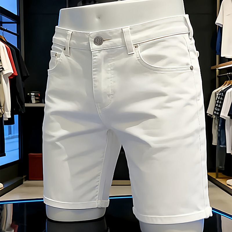 2026 Men's Summer High-End White Three-Proof Five-Point Denim Shorts Trendy Fashion Versatile Stretch Slim-Fit Mid-Length Pants