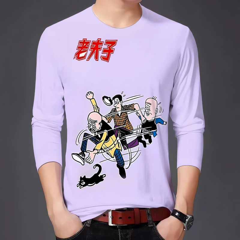 Classic Lao Fu Zi Comic Pattern 3D Printed Autumn New Round Neck Long-Sleeved T-Shirt Fashion Trendy Funny Top