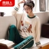 Đồ ngủ của phụ nữ Nam Cực cotton mùa xuân và mùa thu Nhật Bản mùa hè mỏng phần cổ tròn dịch vụ nhà hai mảnh phù hợp có thể được mặc bên ngoài thủy triều - Nam giới