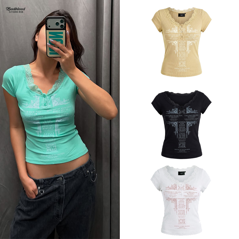 Badblood American Retro Printed Ruffled Lace Short-Sleeved T-Shirt Sexy Slim Fit Mint Green Top