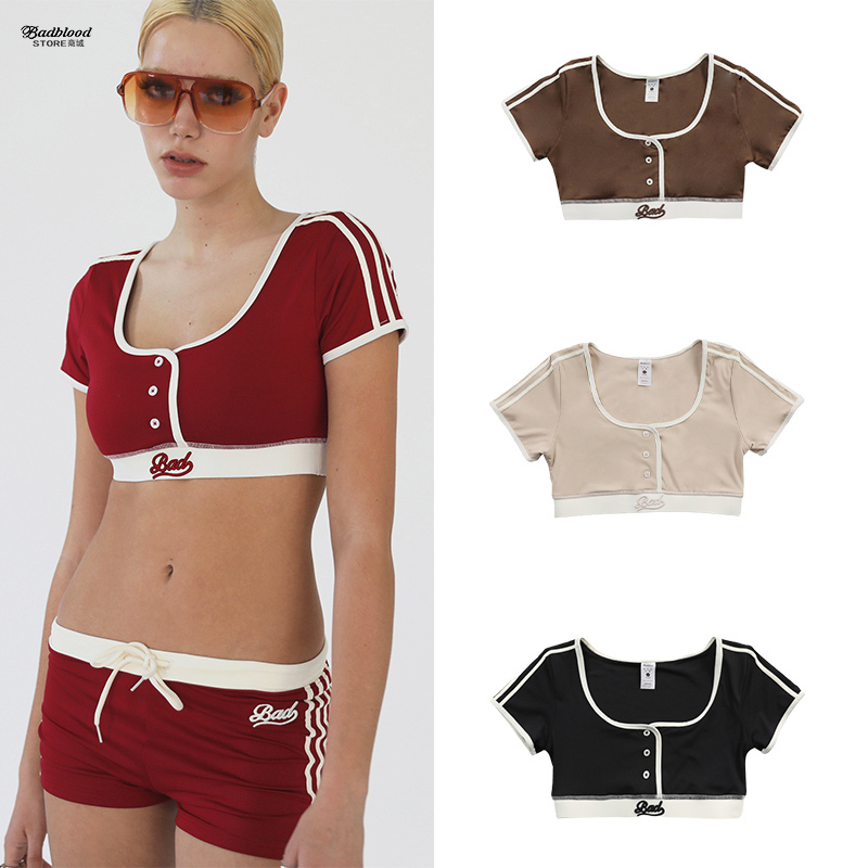 Korean Badblood American Sexy Short T-Shirt Women's Short-Sleeved Sexy Navel-Baring Pure Color U-Neck Niche Sports Top