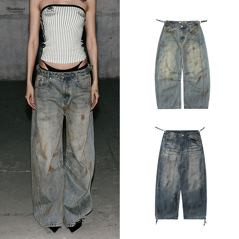 Badblood American Retro Dust Storm Blue Jeans Street Style Casual Distressed Tie-Dye Loose Wide-Leg Pants Trendy