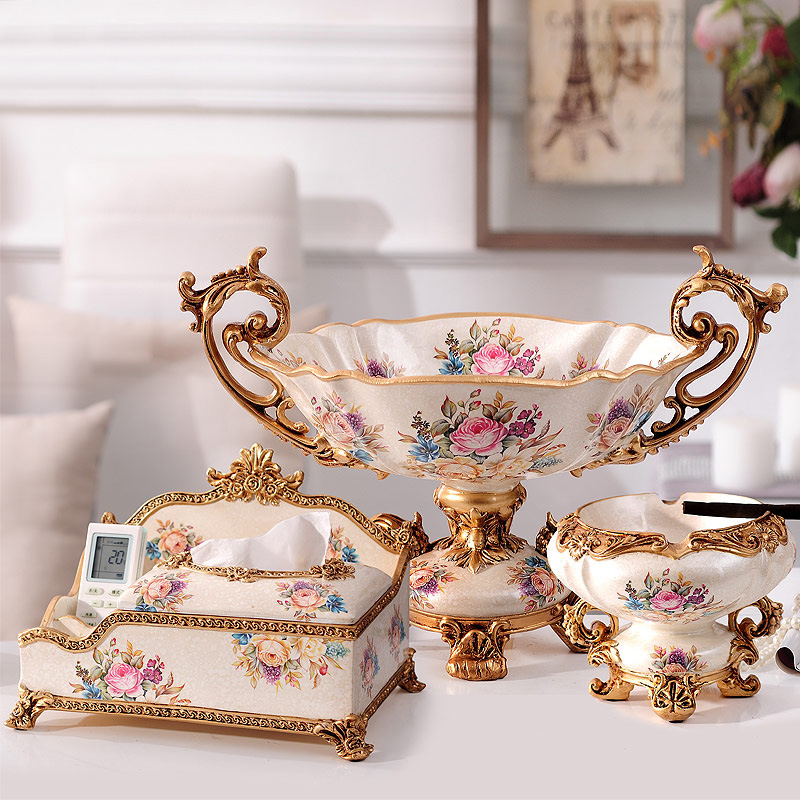 European-style fruit plate set living room coffee table home high-foot fruit plate light luxury American retro home decoration ornaments