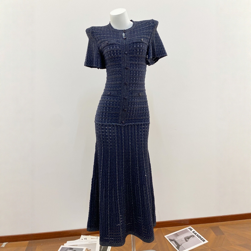 Sd Brand 26Th Autumn New Model Heavy-Duty Rhinestone Embellished Hollow-Out Glittering Puff Sleeve Multi-Pocket Slim-Fit Round-Neck Dress