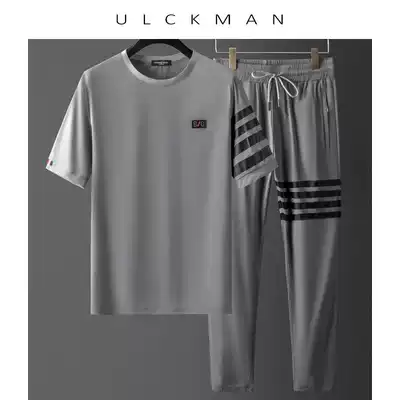 ULCK summer sports and leisure suit Men's silky moisture-absorbing four-sided elastic quick-drying round neck short-sleeved T-shirt two-piece set